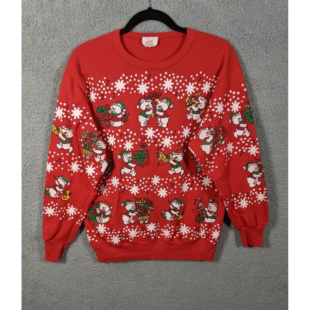 VTG Jane Colby Christmas Sweatshirt Women M Red Bears Snowflakes Cotton USA Made